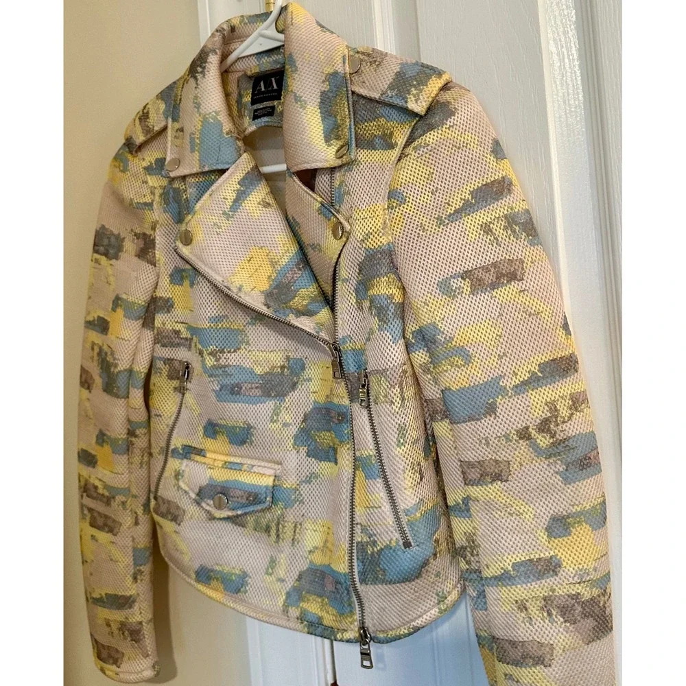 Armani Exchange‎ AX Womens Abstract Mesh Moto Jacket Yellow Ivory Blue xxsmall